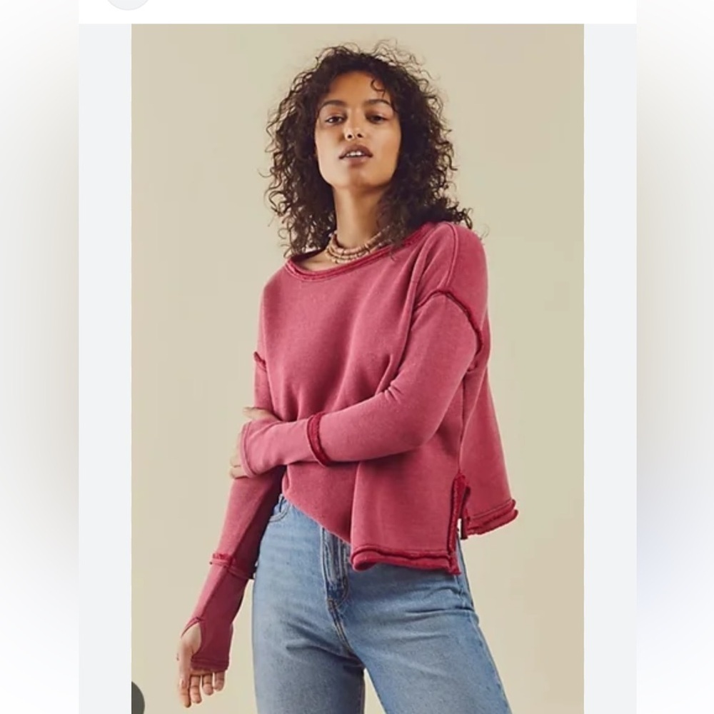 Free People Addy Sweatshirt Scoop Neck Dropped Shoulder Thumbhole Red Top small